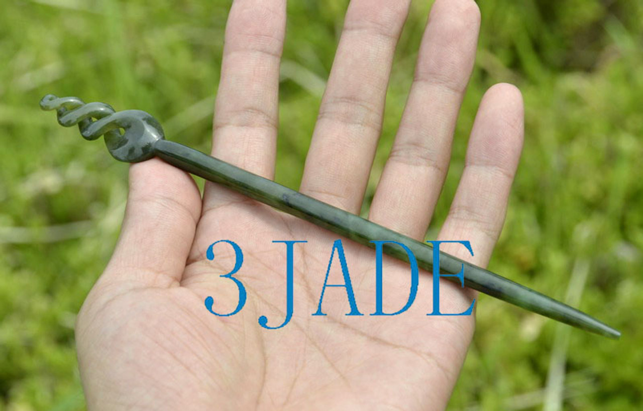 Green Nephrite Jade Maori Twist Hair Stick / Hairpin Greenstone Hair Jewelry
