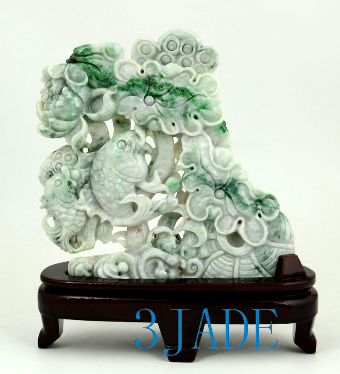 A Grade Jadeite Jade Lotus Koi Fish Sculpture