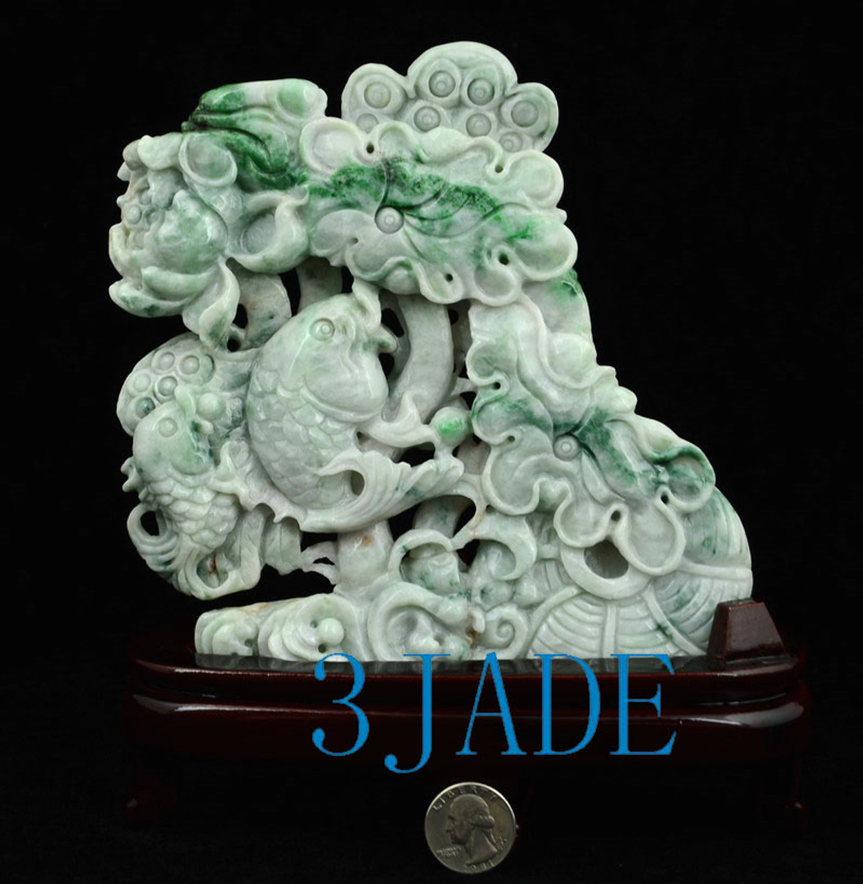 Certified A Grade Jadeite Jade Lotus Koi Fish Statue Sculpture Carving