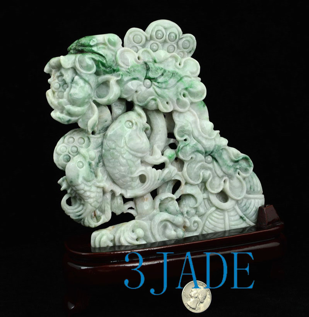 Certified A Grade Jadeite Jade Lotus Koi Fish Statue Sculpture Carving