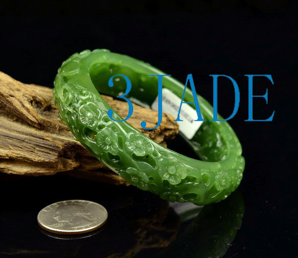 56mm Green Nephrite Jade Bangle Bracelet w/ Carved Bird Flower w