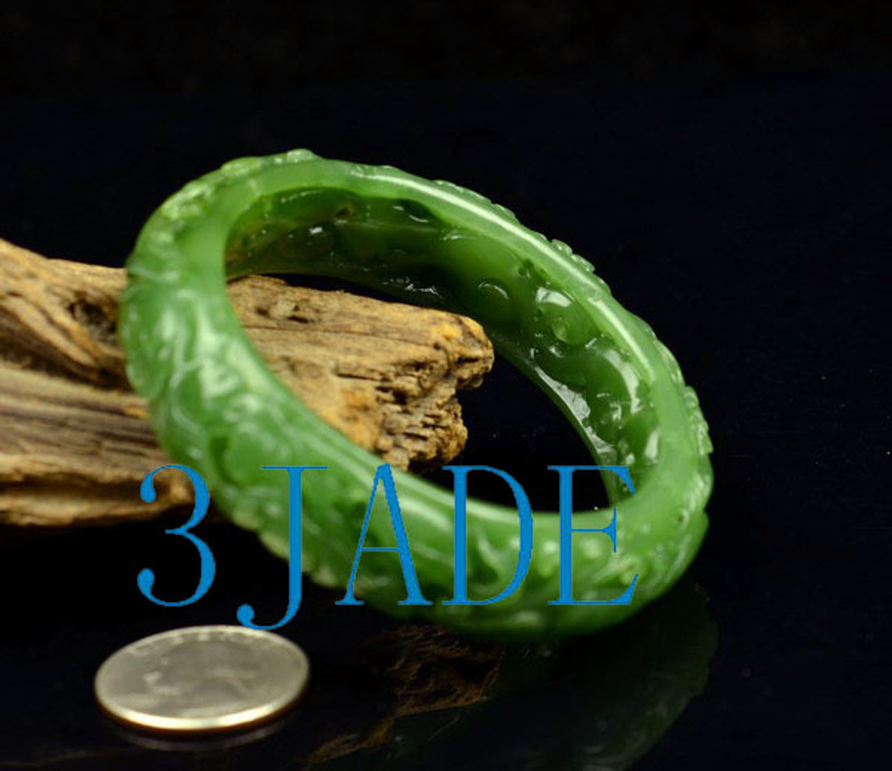 56mm Green Nephrite Jade Bangle Bracelet w/ Carved Bird Flower  w/ certificate