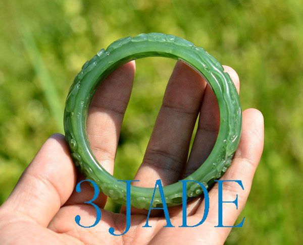 56mm Green Nephrite Jade Bangle Bracelet w/ Carved Bird Flower w