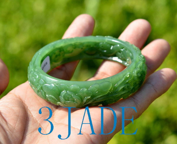 56mm Green Nephrite Jade Bangle Bracelet w/ Carved Bird Flower w