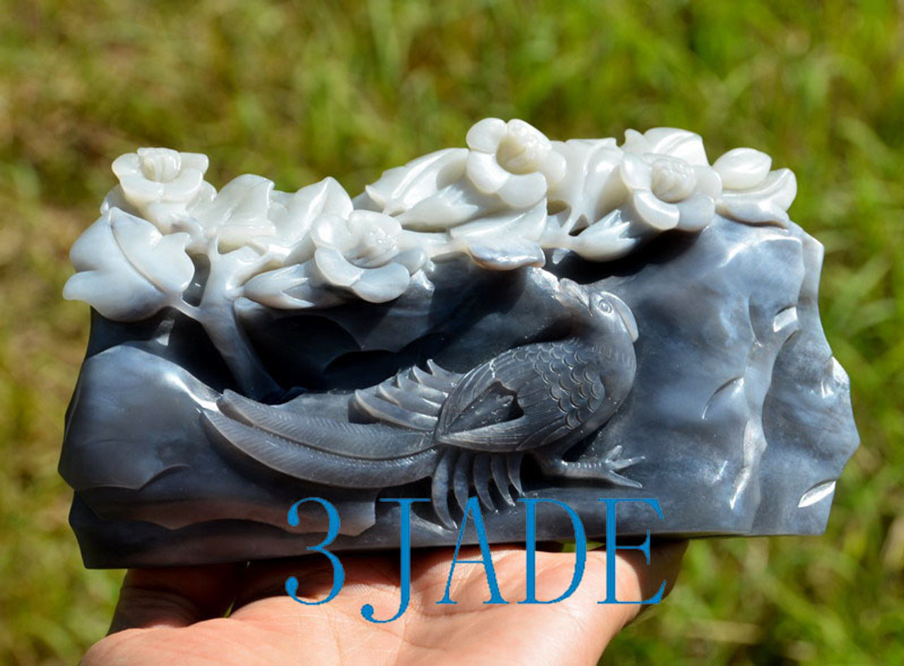 Natural White-Black Nephrite Jade Bird Flower Statue Sculpture Carving  w/ certificate