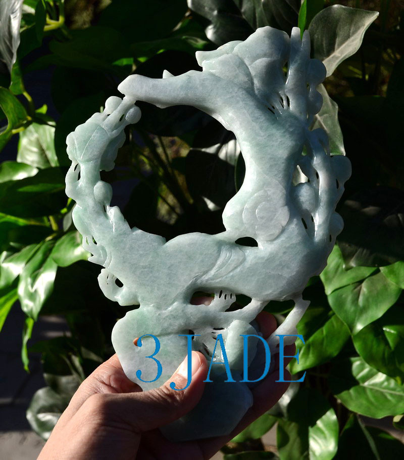 Hand Carved A Grade Jadeite Jade Plum Blossom Flower & Bird Statue w/ certificate