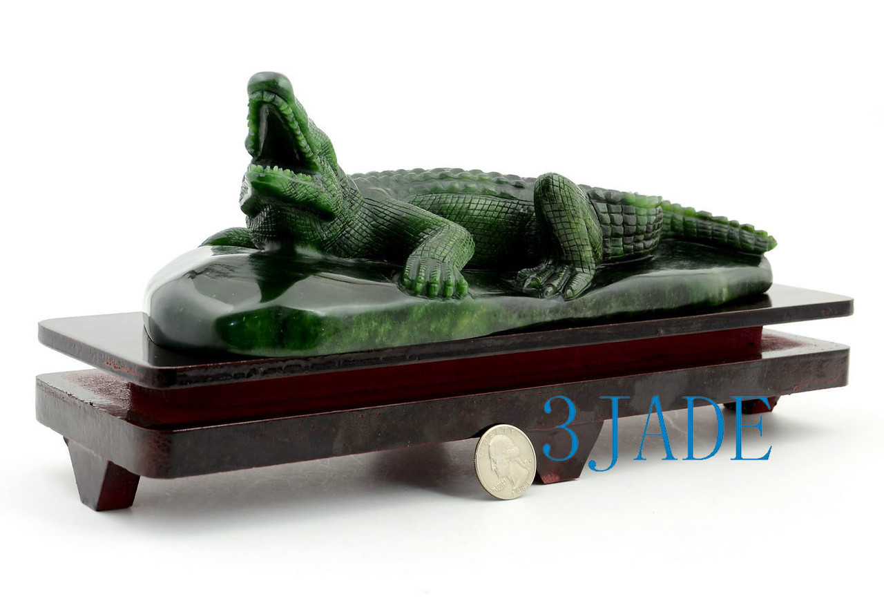 10.5" Green Nephrite Jade Crocodile Sculpture Hand Carved Reptile