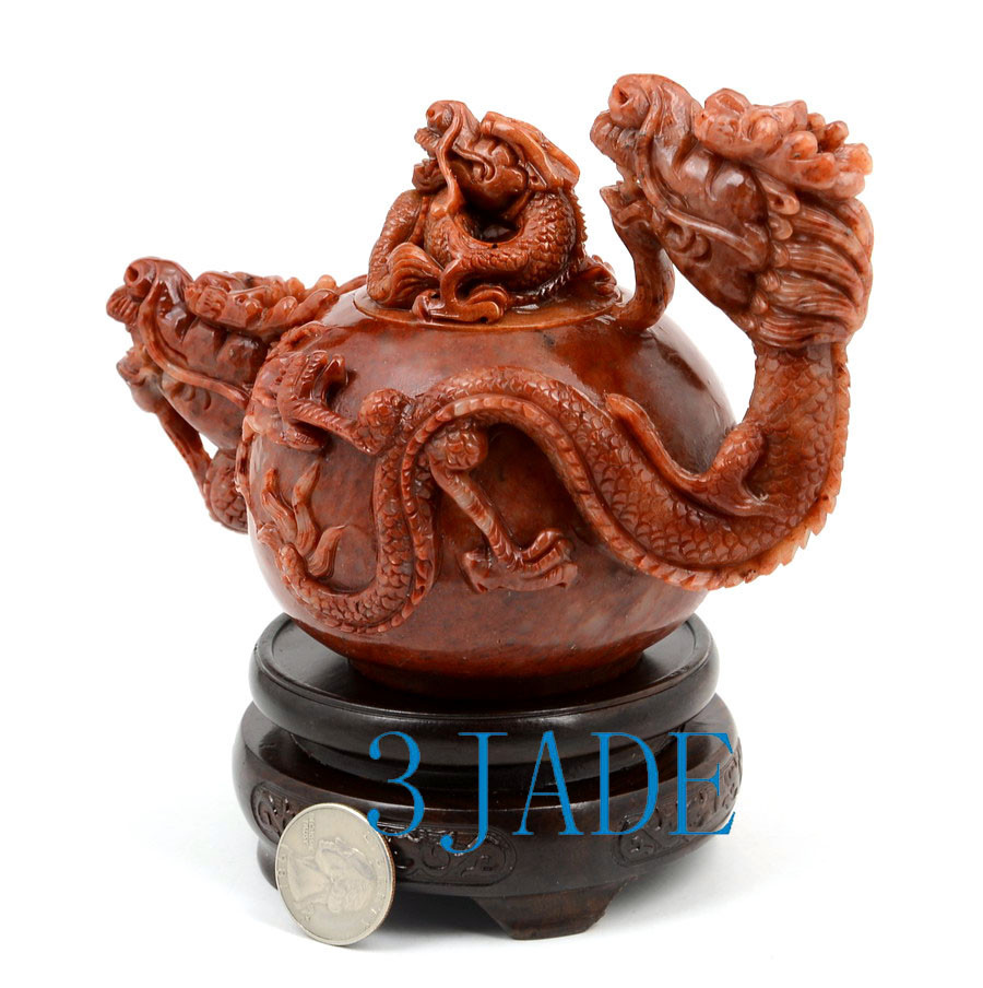 Hand Carved Natural ShouShan Stone Dragon Teapot Chinese Tea Pot