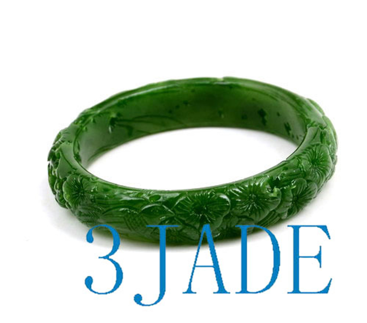 60mm Green Nephrite Jade Bangle Bracelet w/ Carved Bird Flower w
