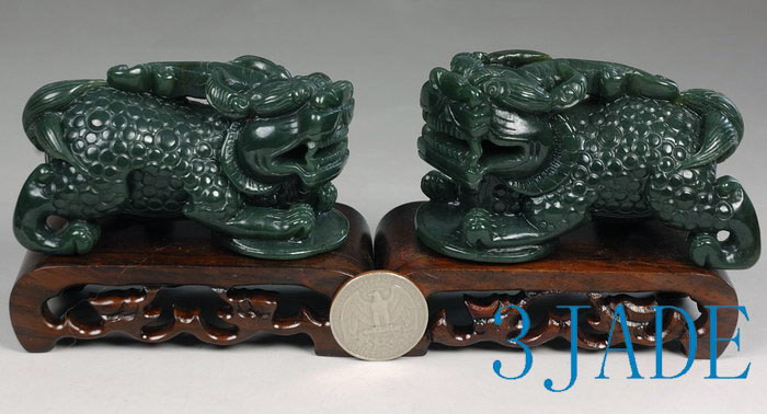 2 Nephrite Jade Pixiu Figures Chinese Feng Shui Sculpture Brave