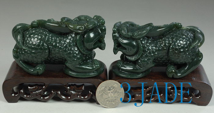 2 Nephrite Jade Pixiu Figures Chinese Feng Shui Sculpture Brave