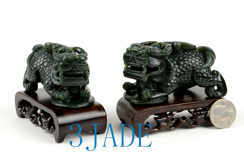 2 Nephrite Jade Pixiu Figures Chinese Feng Shui Sculpture Brave