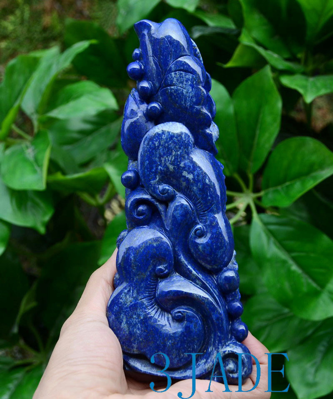 Natural Lapis Lazuli Lotus & Koi Fish Sculpture Chinese Art Carving