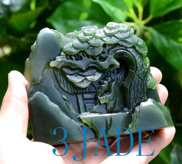 Green Nephrite Jade Oriental Mountain Scenery Mini Sculpture