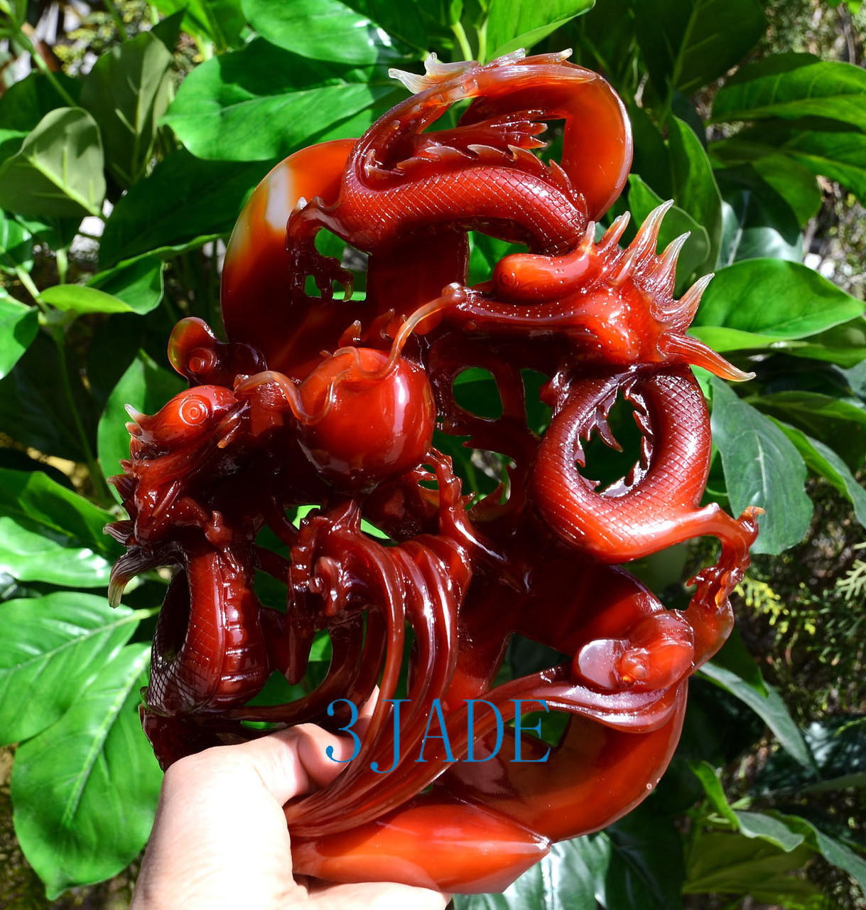 Carnelian / Red Agate Playing Dragons Statue Sculpture Chinese Carving