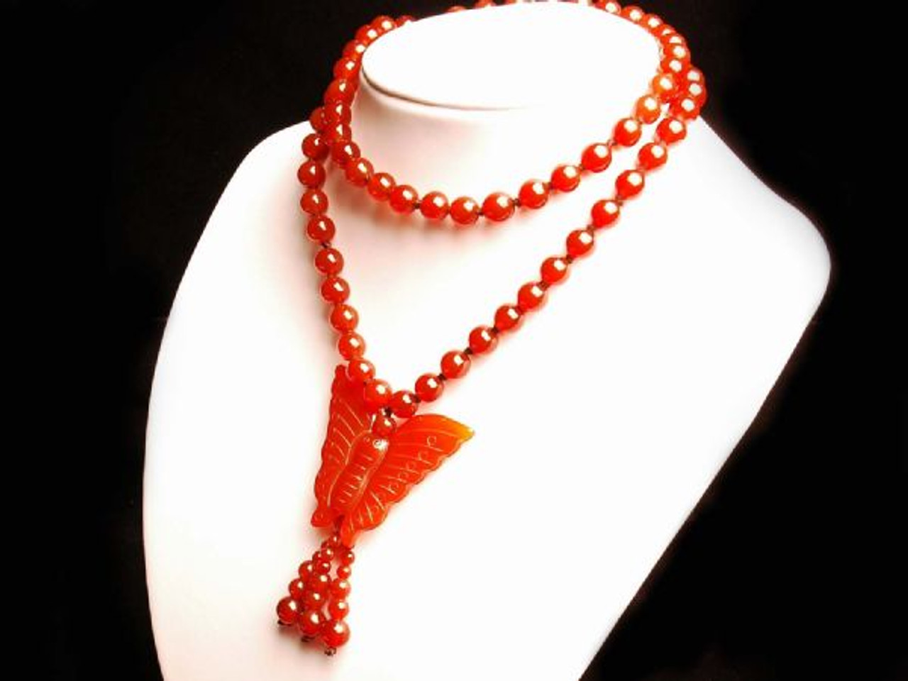 28 " Carnelian / Red Agate Necklace w/ Hand Carved Butterfly