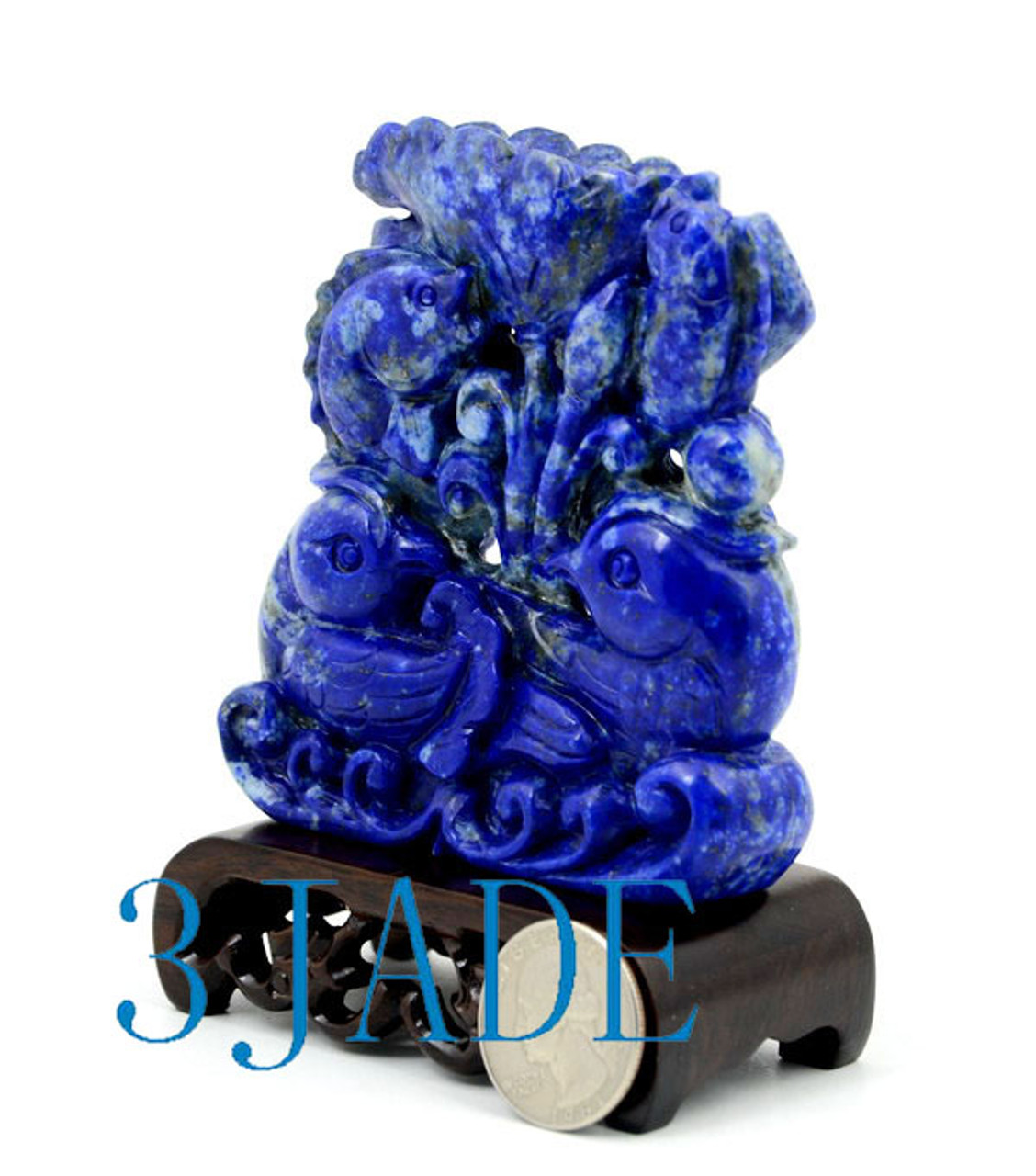 Natural Lapis Lazuli Mandarin Ducks & Koi Fish Mini Sculpture Feng Shui Carving