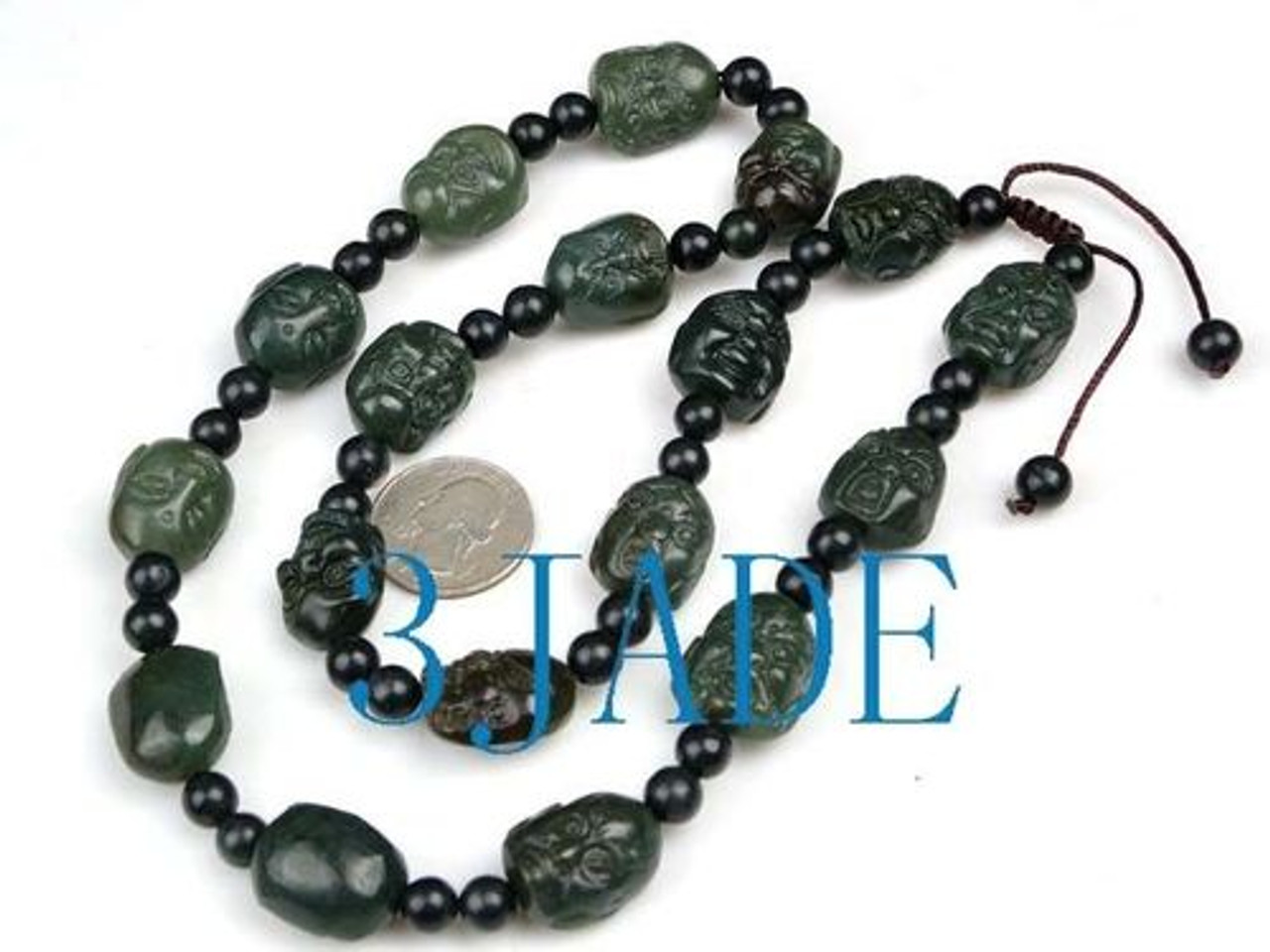 24" Hand Carved Natural Nephrite Jade 18 Arhat Buddha Beads Men's Necklace