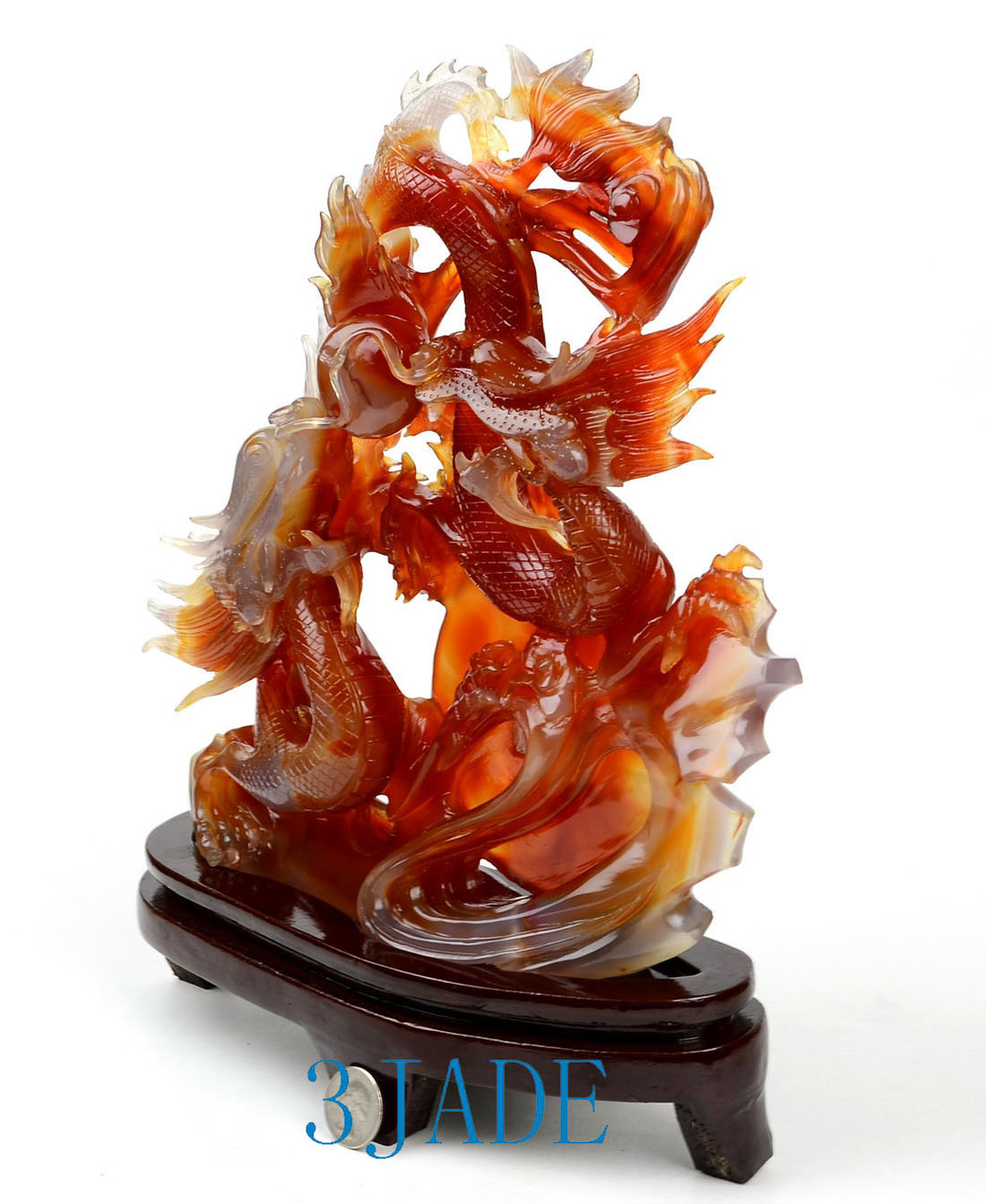 Carnelian / Red Agate Double Dragons Playing Pearl Sculpture Chinese Carving