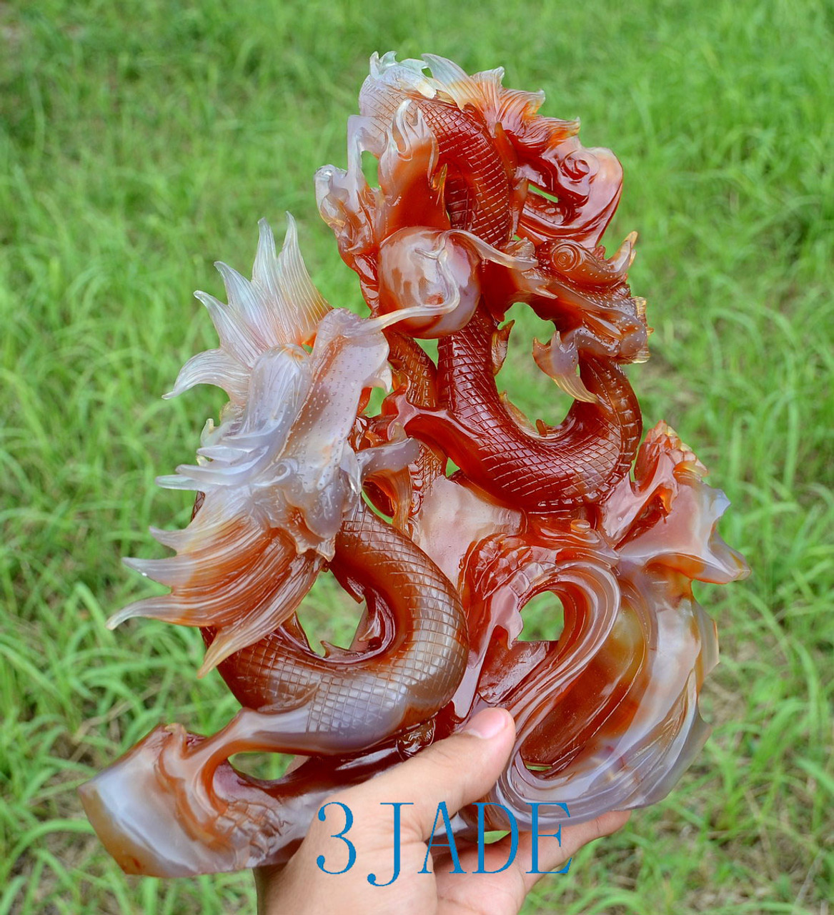 Carnelian / Red Agate Double Dragons Playing Pearl Sculpture