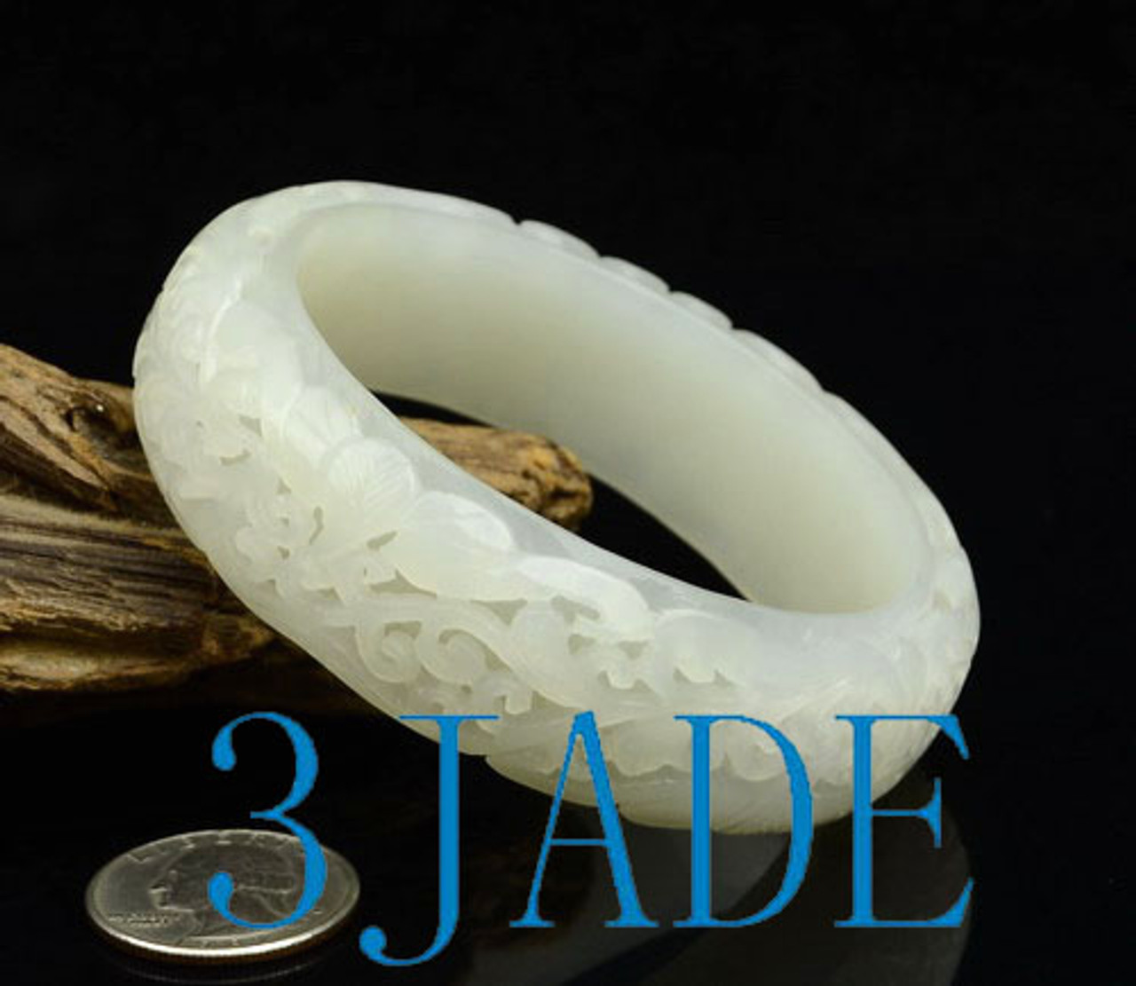 62.5mm Carved Natural White Nephrite Jade Bangle Bracelet, w/ Certificate