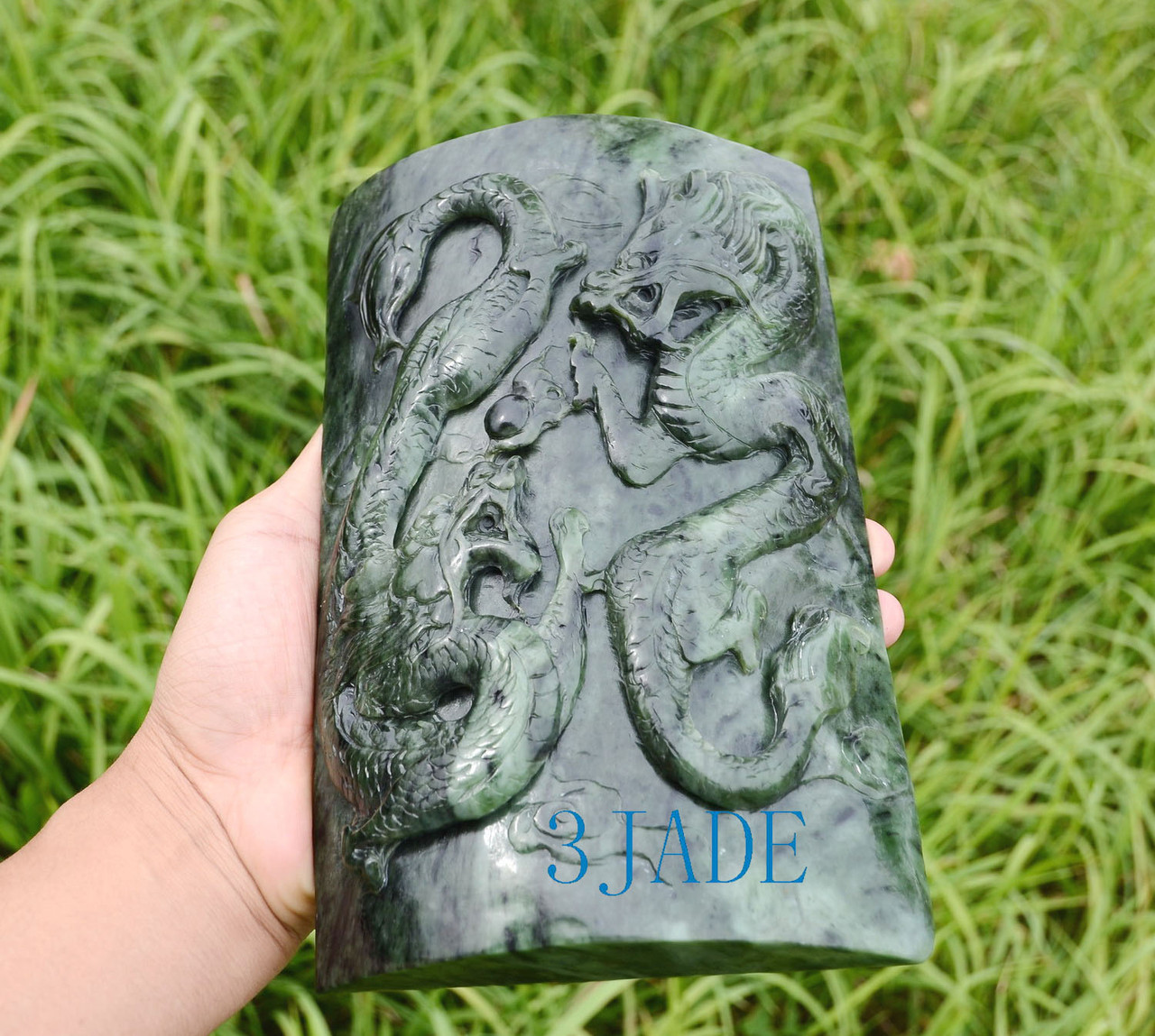 12" Hand Carved Green Nephrite Jade Double Dragons Plaque / Statue Home Decor Art