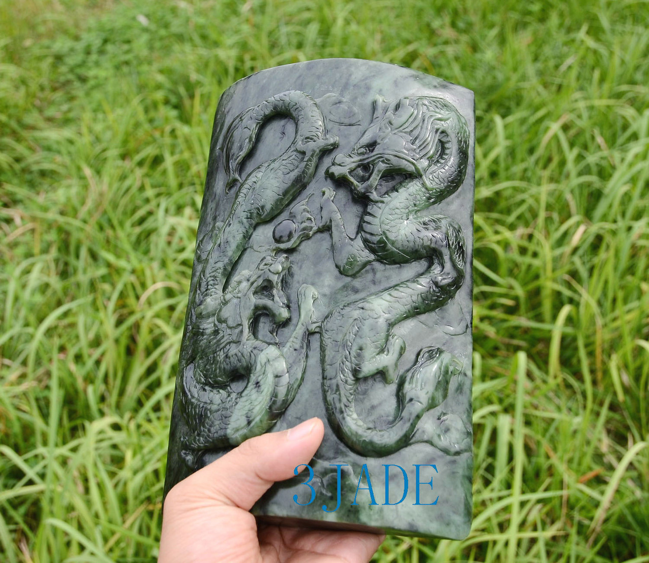 12" Hand Carved Green Nephrite Jade Double Dragons Plaque / Statue Home Decor Art