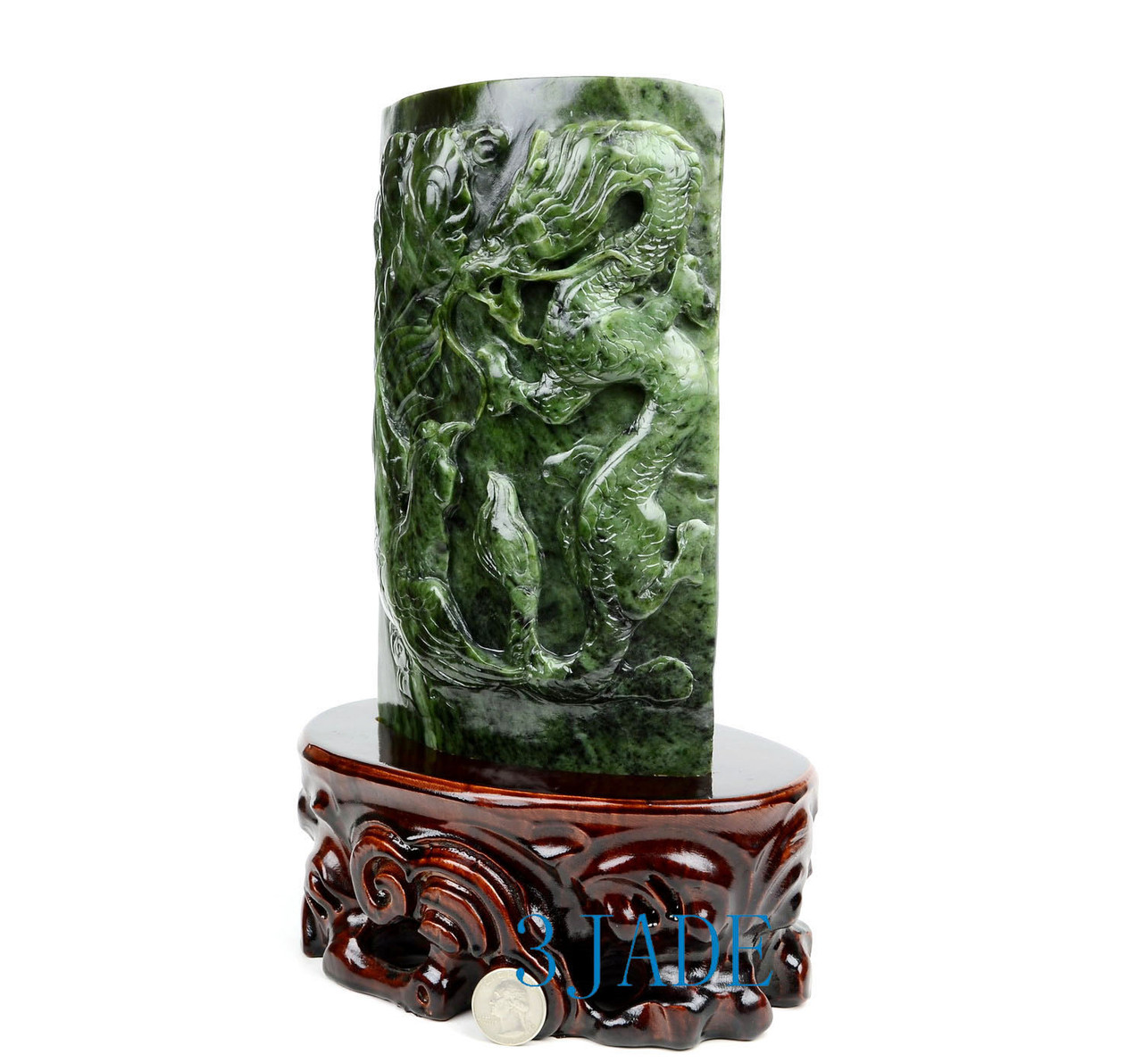 Hand Carved Green Nephrite Jade Dragon & Phoenix