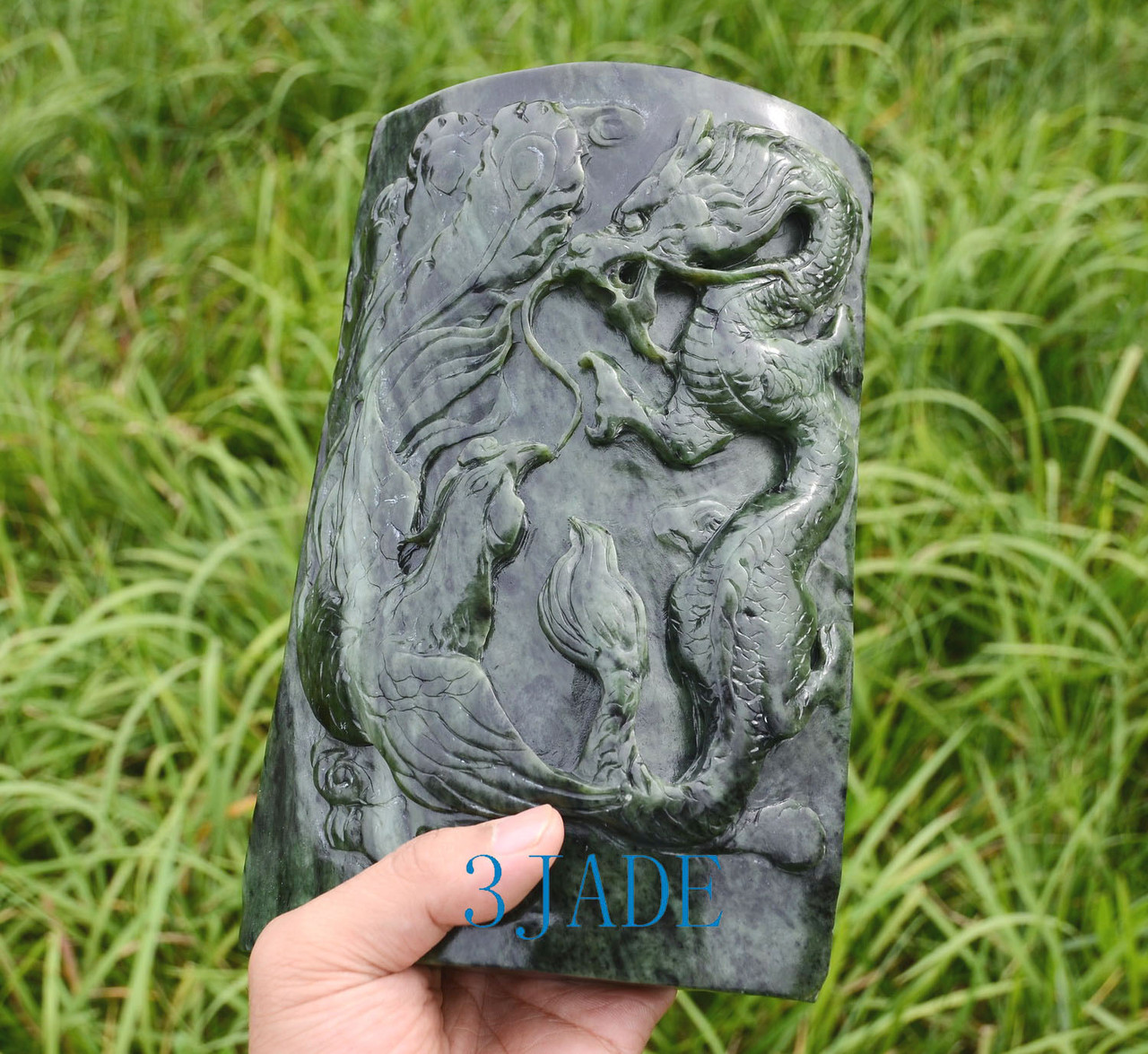 12" Green Nephrite Jade Dragon & Phoenix Plaque / Statue Oriental Home Decor