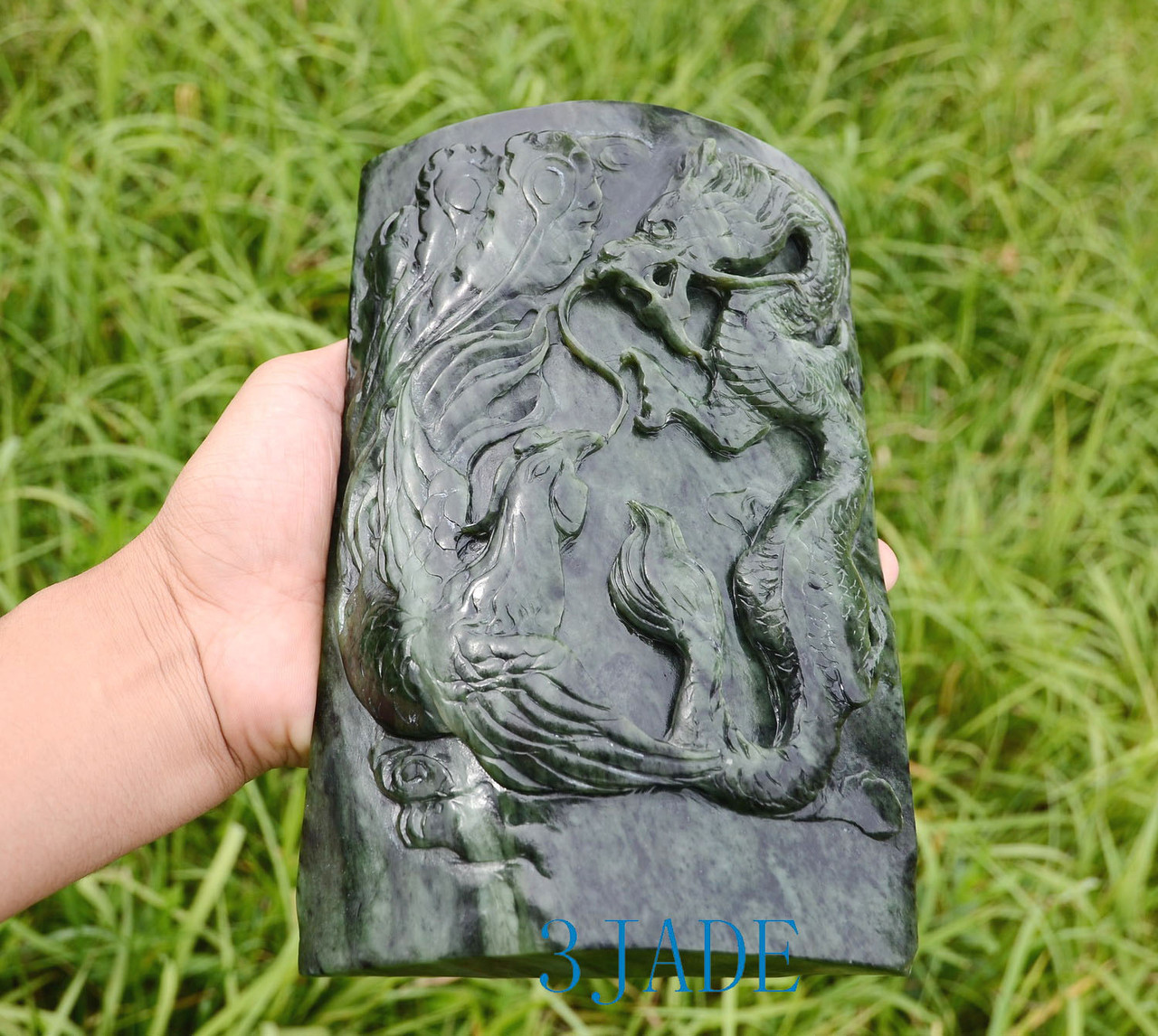 12" Green Nephrite Jade Dragon & Phoenix Plaque / Statue Oriental Home Decor