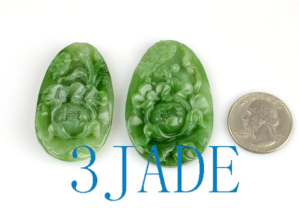 SALE 最終価格貴重！未使用14Ｋグリーンジェイド 花彫刻 ペンダントトップ Hand Carved Natural Green Nephrite Jade Peony Flower Pendant