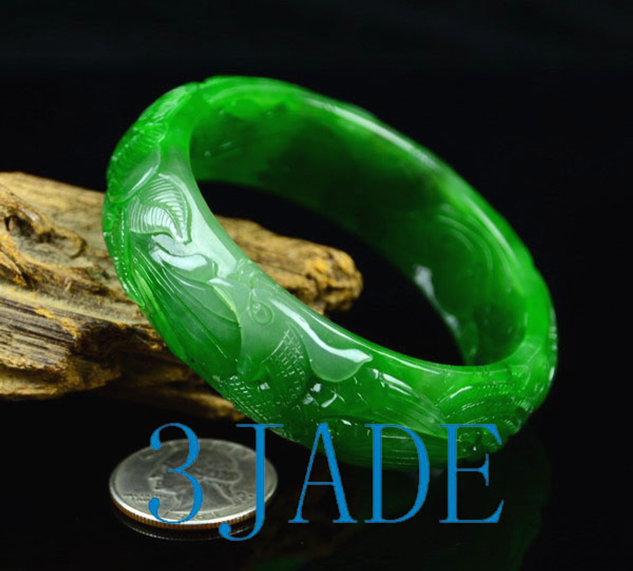 56.5mm Hand Carved Green Nephrite Jade Bangle Bracelet w/ Bird Flower Pattern  w/ certificate