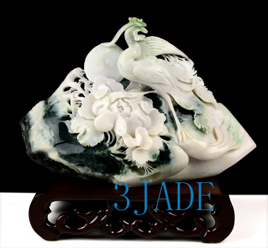 Dushan Jade Stone Bird Flower /Phoenix Peony Sculpture/Statue