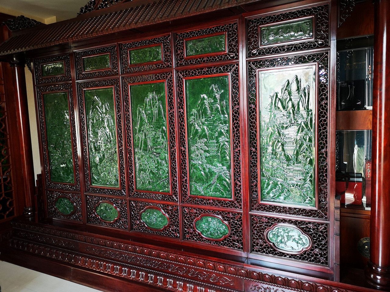 4.33m*2.90m Green Nephrite Jade Chinese Screen Set: The Five Great