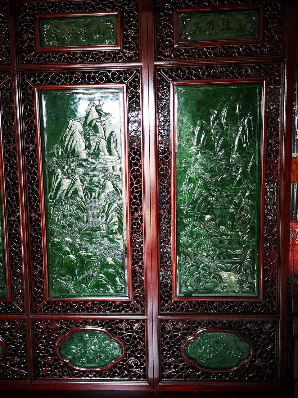 4.33m*2.90m Green Nephrite Jade Chinese Screen Set: The Five Great