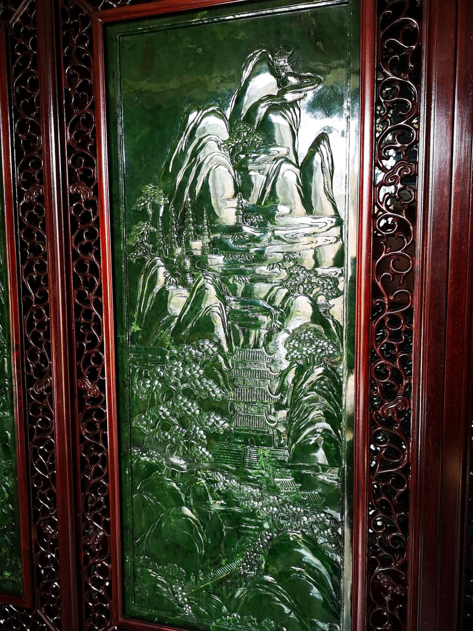 4.33m*2.90m Green Nephrite Jade Chinese Screen Set: The Five Great