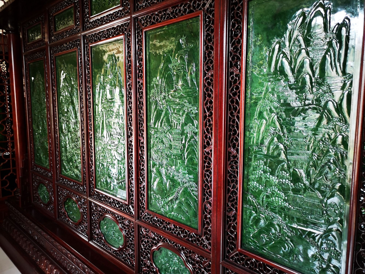4.33m*2.90m Green Nephrite Jade Chinese Screen Set: The Five Great