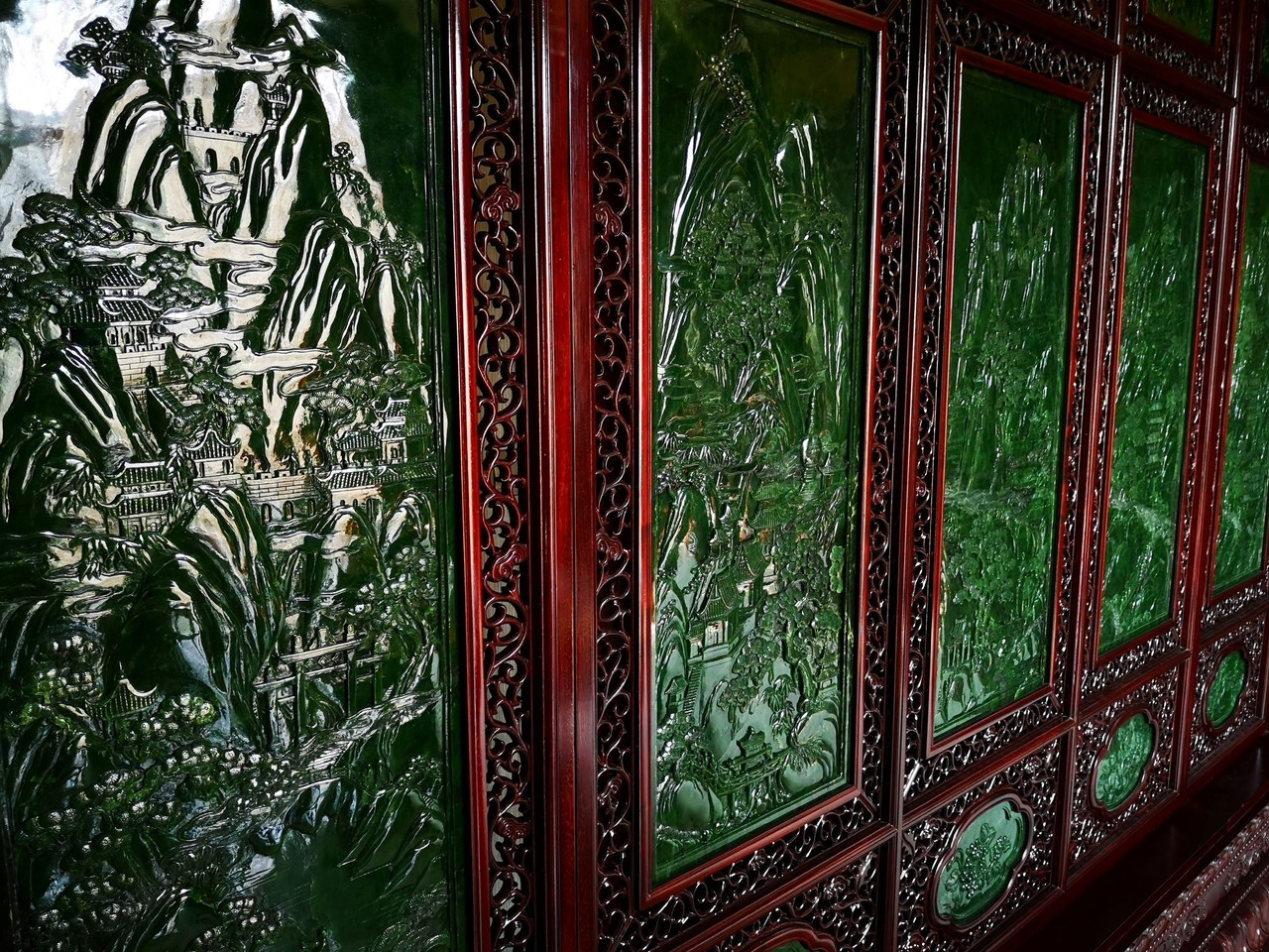 4.33m*2.90m Green Nephrite Jade Chinese Screen Set: The Five Great