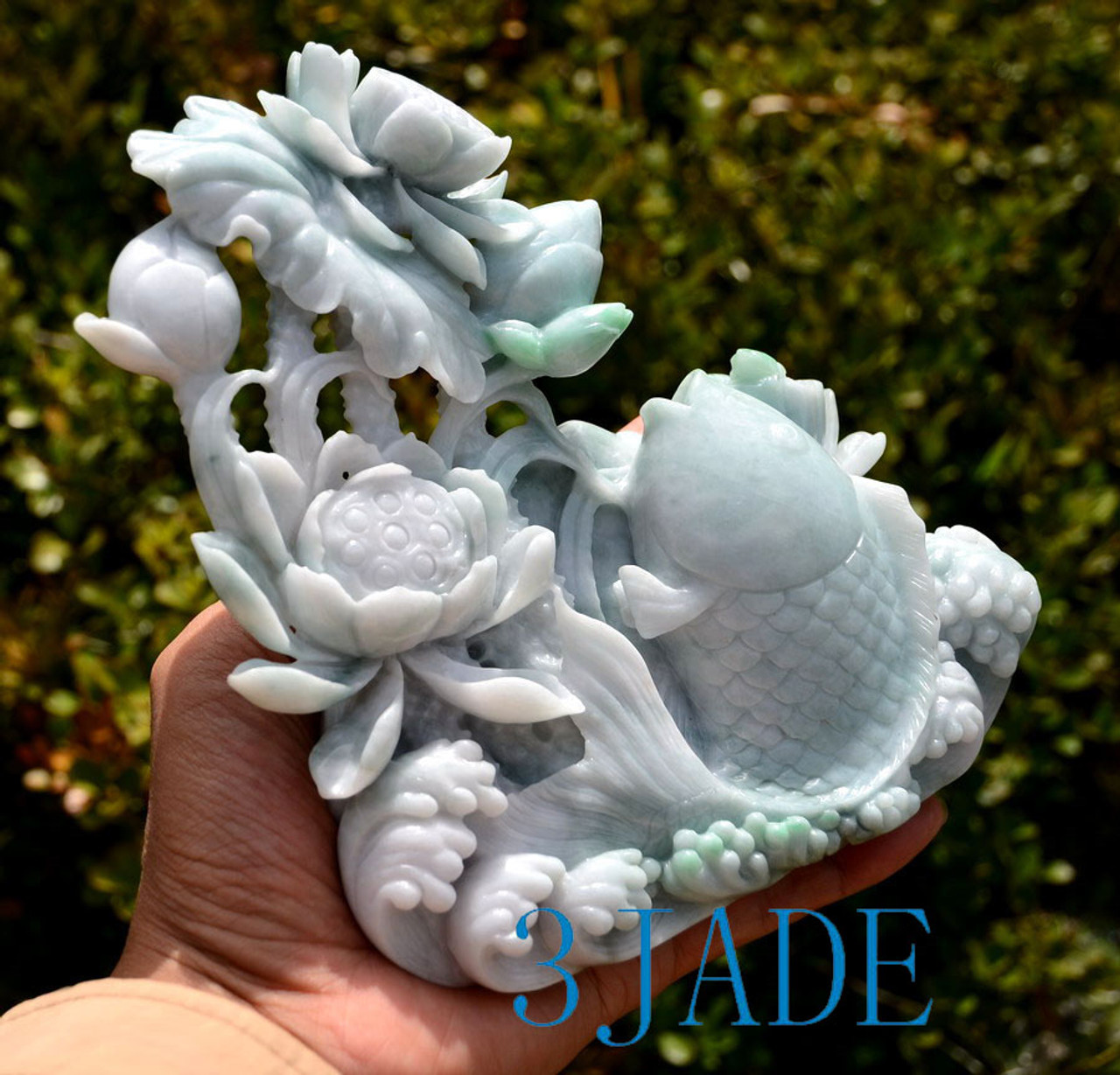 A Grade Green Jadeite Jade Lotus Flower & Koi Fish Statue Sculpture w/ certificate