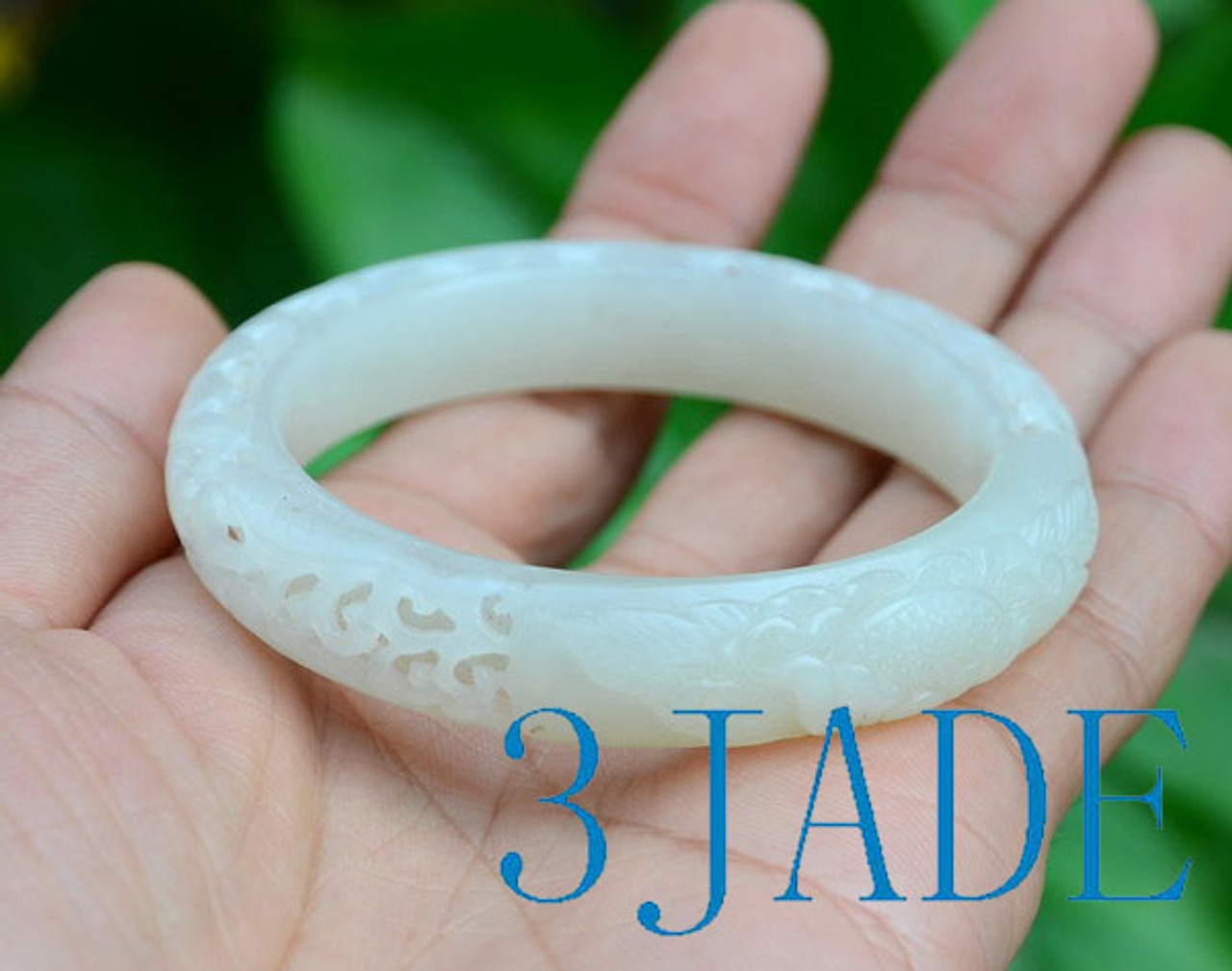 55mm carved white jade bangle