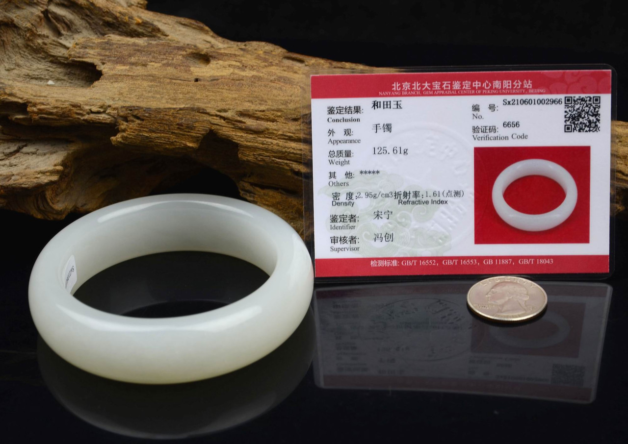 63mm Natural White Nephrite Jade Bangle Mutton Fat Jade Bracelet w/ Certificate