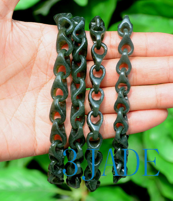 Hand Carved Dark Green Nephrite Jade Gemstone Link Chain /Bracelet