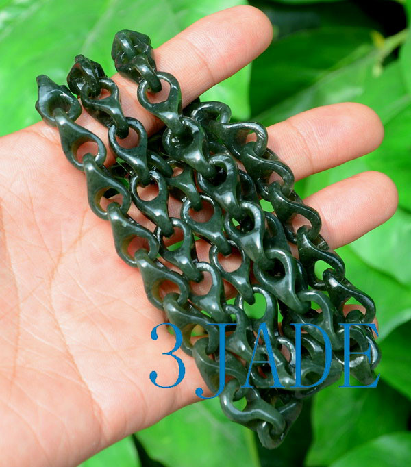 Hand Carved Dark Green Nephrite Jade Gemstone Link Chain /Bracelet