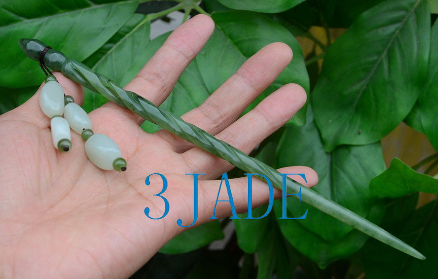 8" Green Nephrite Jade Twisted Hair Pin/Hairpin/Hair Stick Chopstick