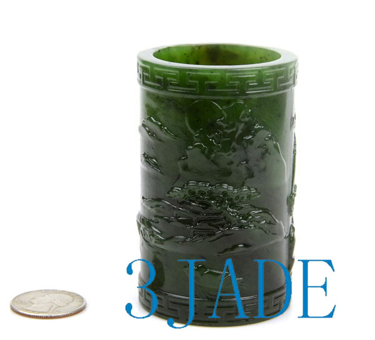 Hand-carved Green Nephrite Jade Pen Holder /Pencil Cup /Pencil Holder for Desk