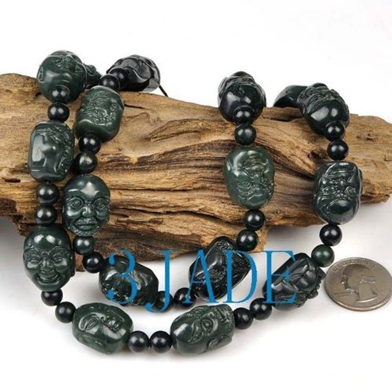 Hand Carved Nephrite Jade 18 Arhat Buddha 22mm Beads Necklace