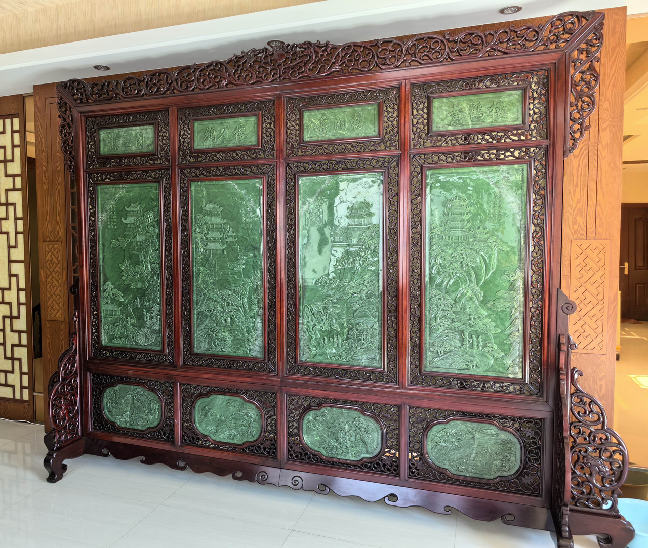  SHAGREEN JADE プレート 2枚セット Elegant Green Nephrite Jade Chinese Screen Depicting the Four
