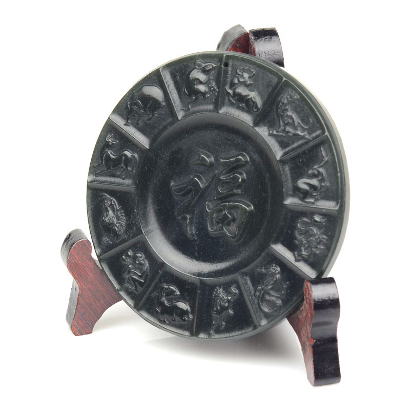 Opposite side angle of jade plaque with wood stand