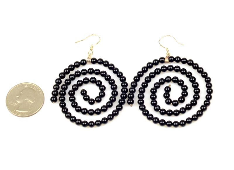 Koru-inspired spiral earrings made of black agate beads