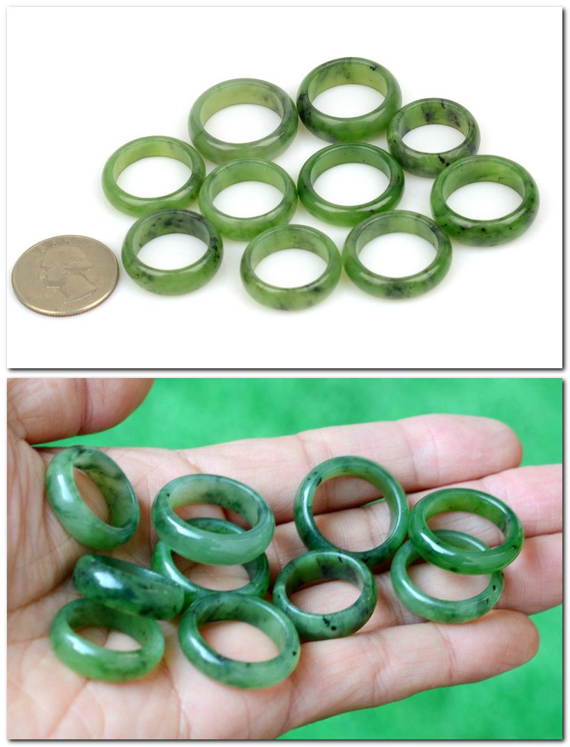 Hand-carved authentic nephrite jade rings SKU F012054D in natural light